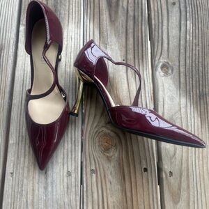 Nine West Wine Patent Pointed Mary Jane Pumps with Gold Heel
